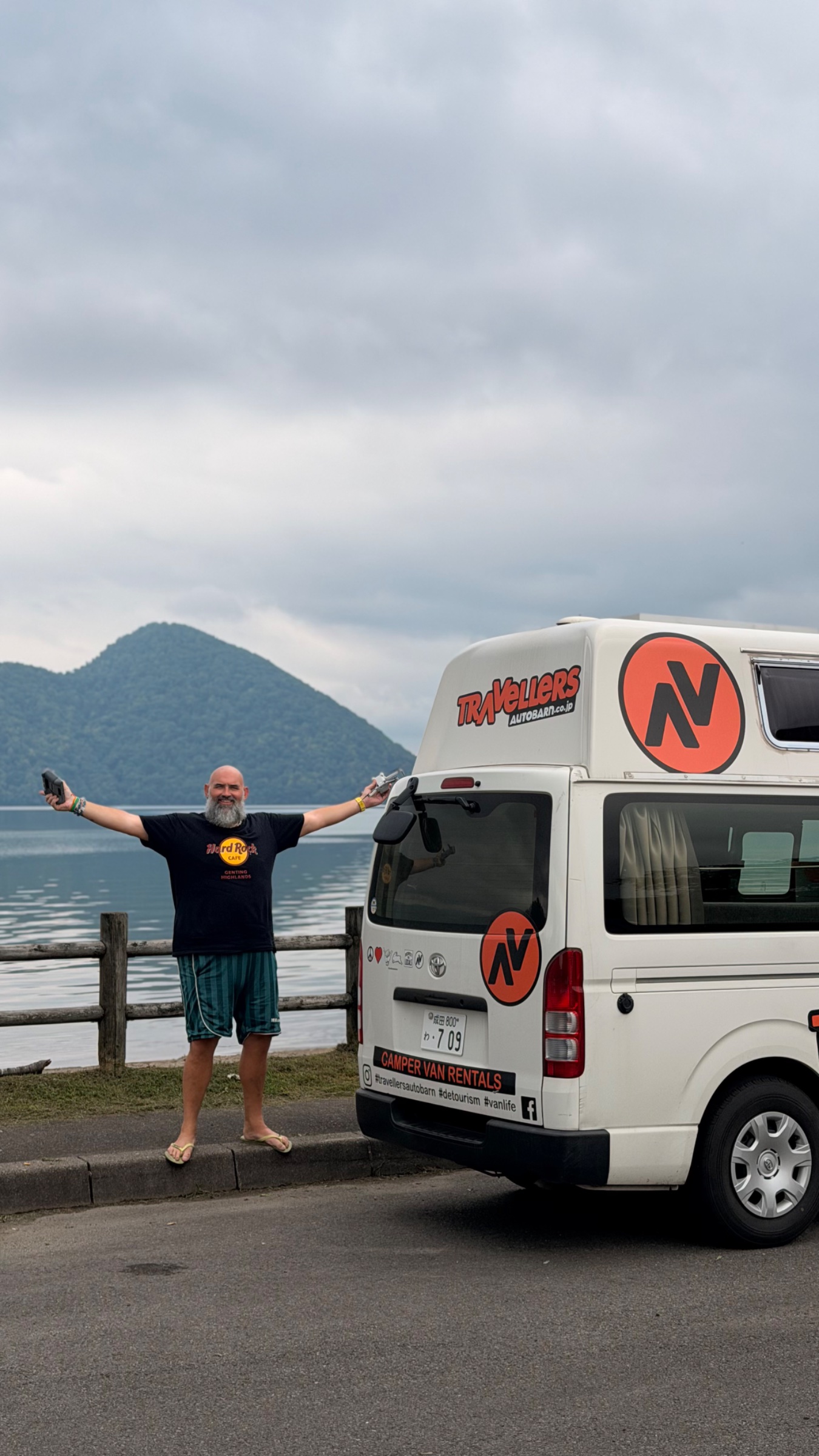 Oli with the van at Lake Toya